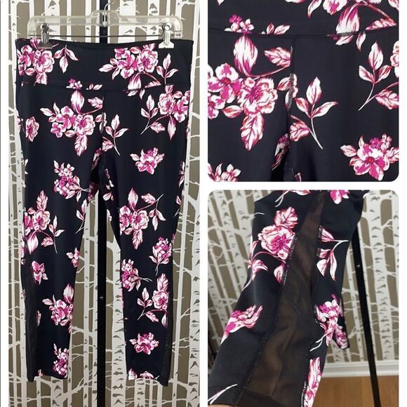 Love. Life. Live Pants - Black & Hot Pink Floral Print 7/8 Mesh Insert Leggings sz L